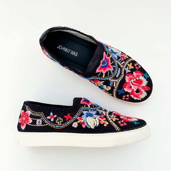 Johnny Was Festival Slip On Sneaker Floral Loafer Beaded Black Pink Boho 9.5 - Picture 2 of 10